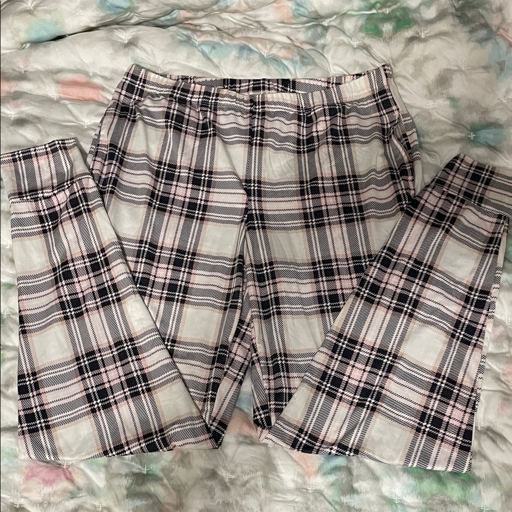 Plaid pink, white, and black fitted pajama pants